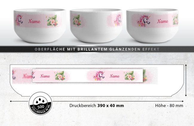 Kinder-M&uuml;slisch&uuml;ssel - Einhorn Rosa - mit Name - 500 ml