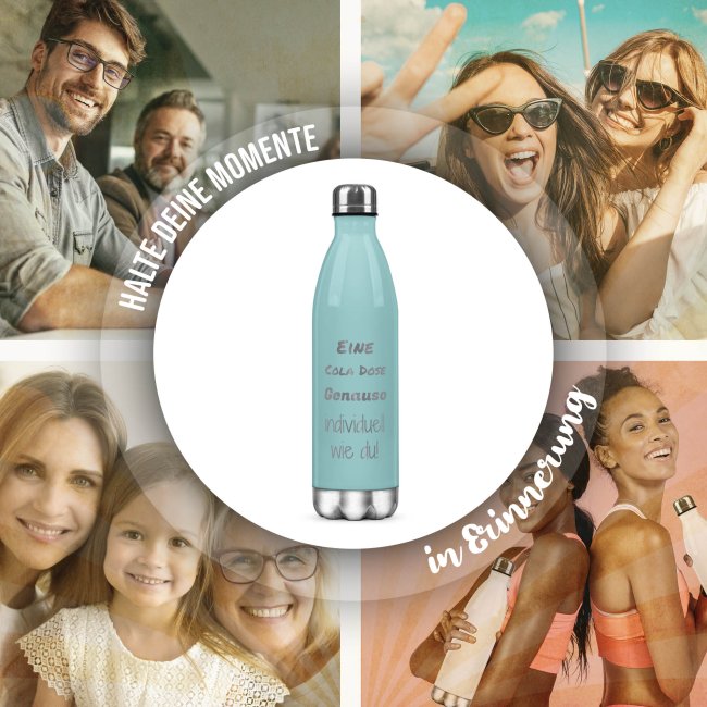 Edelstahl-Flasche mit Gravur - mit 5 Zeilen Wunschtext - Hellblau - 500 ml