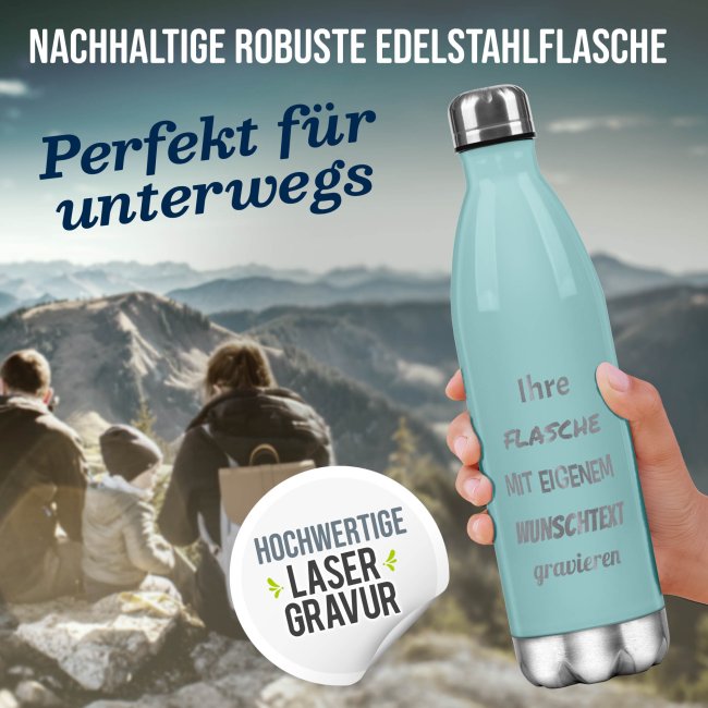Edelstahl-Flasche mit Gravur - mit 5 Zeilen Wunschtext - Hellblau - 500 ml