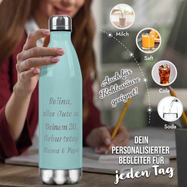 Edelstahl-Flasche mit Gravur - mit 5 Zeilen Wunschtext - Hellblau - 500 ml