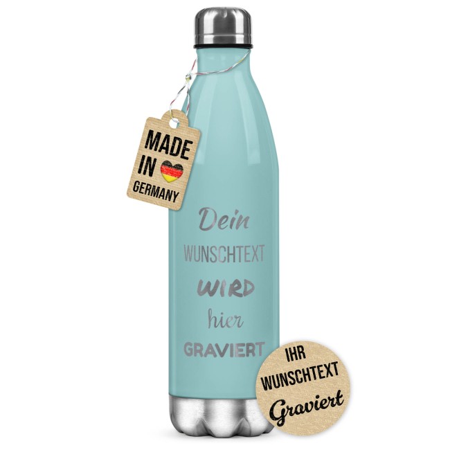 Edelstahl-Flasche mit Gravur - mit 5 Zeilen Wunschtext - Hellblau - 500 ml