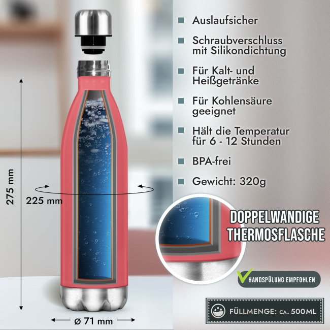 Edelstahl-Flasche mit Gravur - mit 5 Zeilen Wunschtext - Pink - 500 ml
