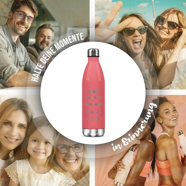 Edelstahl-Flasche mit Gravur - mit 5 Zeilen Wunschtext - Pink - 500 ml