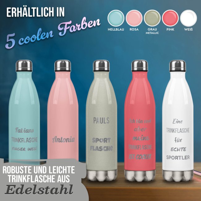 Edelstahl-Flasche mit Gravur - mit 5 Zeilen Wunschtext - Pink - 500 ml