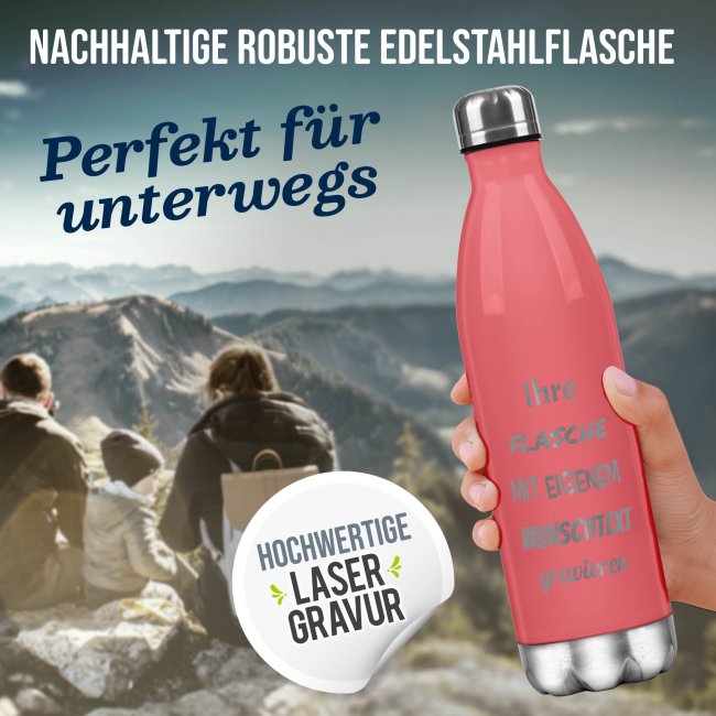 Edelstahl-Flasche mit Gravur - mit 5 Zeilen Wunschtext - Pink - 500 ml
