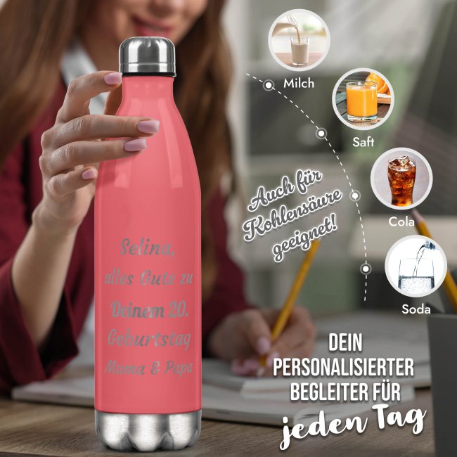 Edelstahl-Flasche mit Gravur - mit 5 Zeilen Wunschtext - Pink - 500 ml