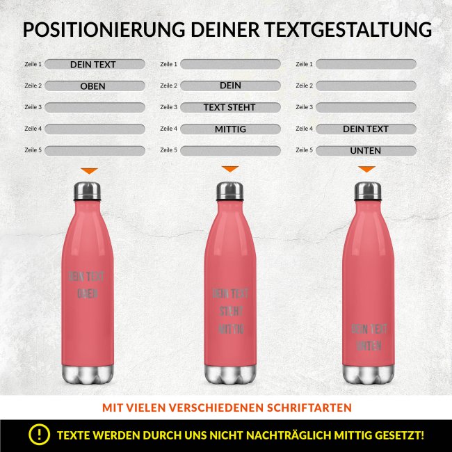 Edelstahl-Flasche mit Gravur - mit 5 Zeilen Wunschtext - Pink - 500 ml