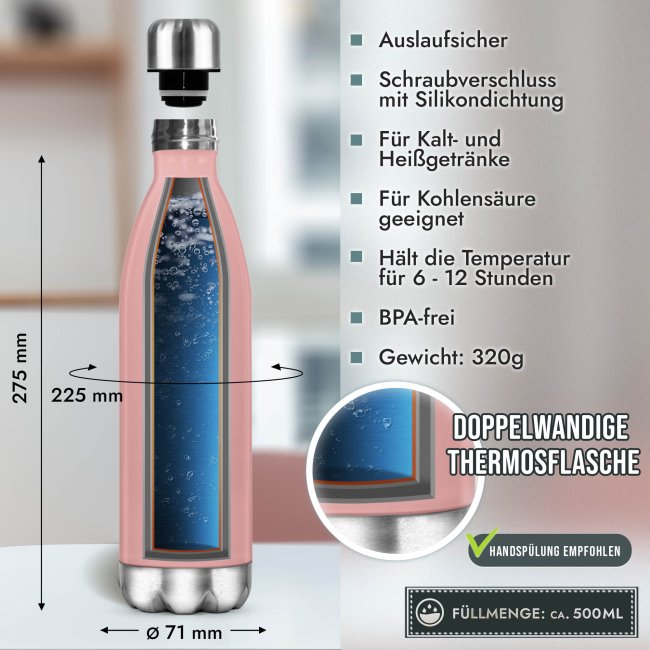 Edelstahl-Flasche mit Gravur - mit 5 Zeilen Wunschtext - Rosa - 500 ml