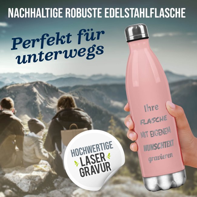 Edelstahl-Flasche mit Gravur - mit 5 Zeilen Wunschtext - Rosa - 500 ml