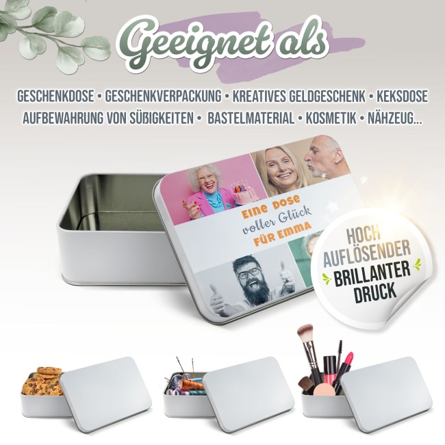 Geschenkdose mit Collage f&uuml;r 4 Fotos &amp; Text - in drei Gr&ouml;&szlig;en