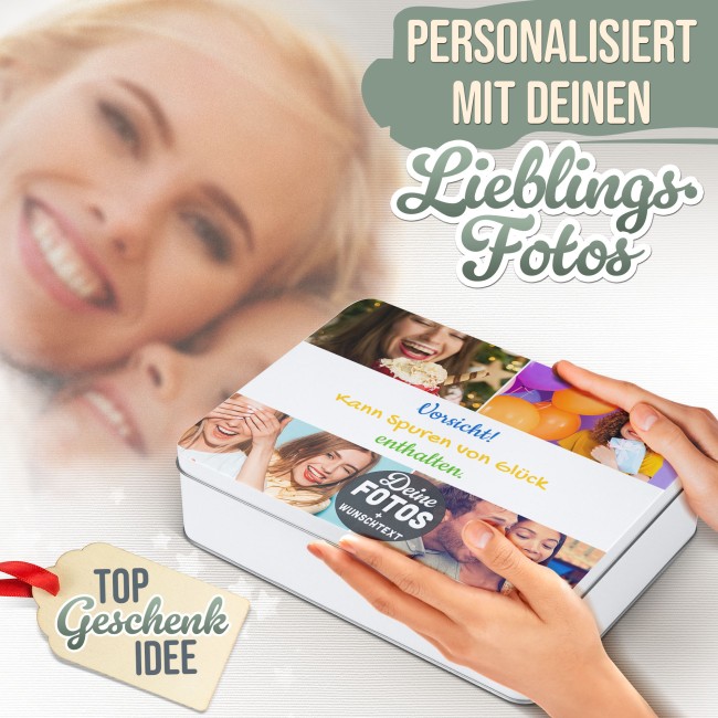 Geschenkdose mit Collage f&uuml;r 4 Fotos &amp; Text - in drei Gr&ouml;&szlig;en