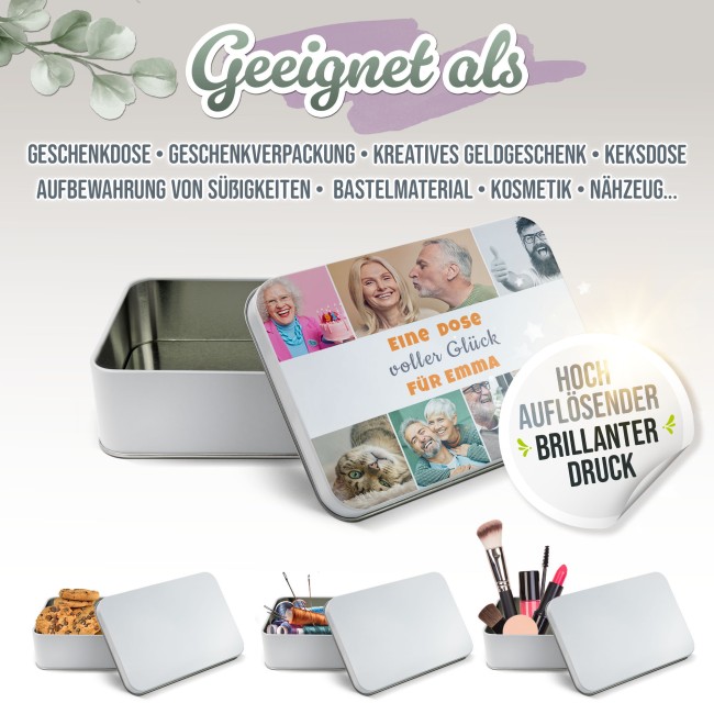 Geschenkdose mit Collage f&uuml;r 7 Fotos &amp; Text - in drei Gr&ouml;&szlig;en