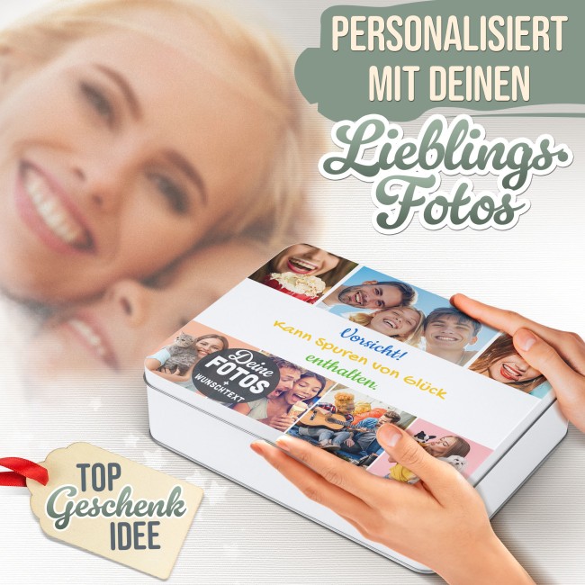 Geschenkdose mit Collage f&uuml;r 7 Fotos &amp; Text - in drei Gr&ouml;&szlig;en