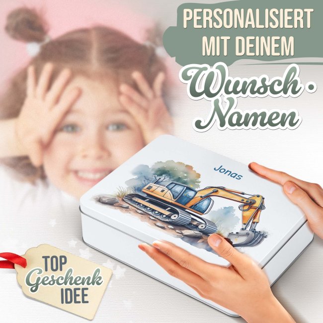 Kinder-Geschenkdose - Bagger - mit Name - in drei Gr&ouml;&szlig;en