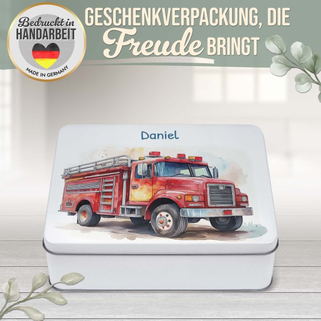 Kinder-Geschenkdose - Feuerwehr - mit Name - in drei Gr&ouml;&szlig;en