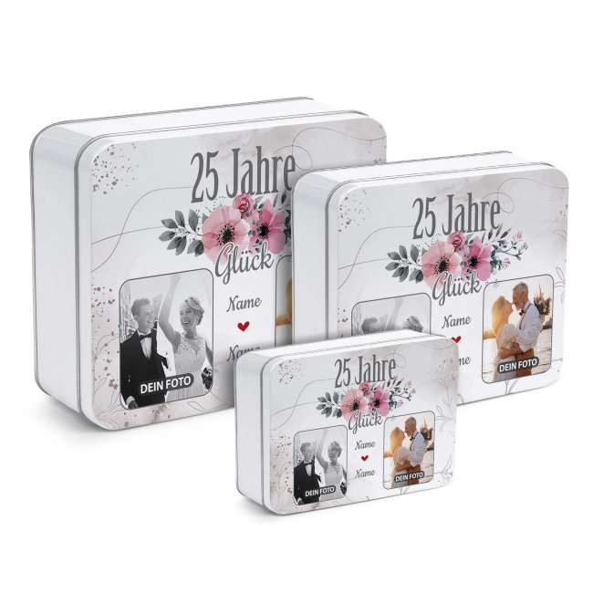Geschenkdose zum 25. Hochzeitstag - Silberhochzeitsgeschenk - mit Fotos &amp; Namen - in drei Gr&ouml;&szlig;en