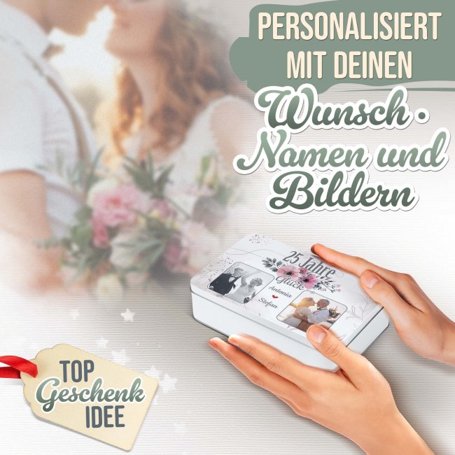 Geschenkdose zum 25. Hochzeitstag - Silberhochzeitsgeschenk - mit Fotos &amp; Namen - in drei Gr&ouml;&szlig;en
