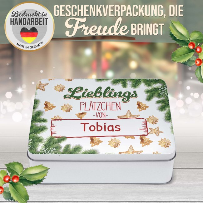 Dose mit Name f&uuml;r Weihnachtskekse - Lieblingspl&auml;tzchen - in drei Gr&ouml;&szlig;en