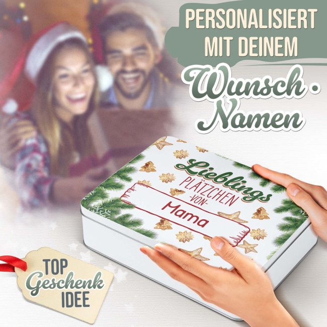 Dose mit Name f&uuml;r Weihnachtskekse - Lieblingspl&auml;tzchen - in drei Gr&ouml;&szlig;en