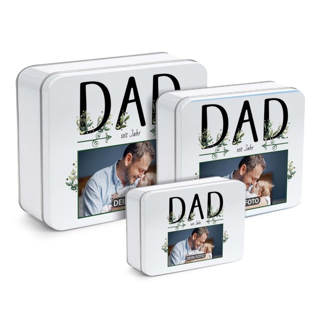 Geschenkdose f&uuml;r Papa - DAD seit - mit Foto &amp; Datum - in drei Gr&ouml;&szlig;en