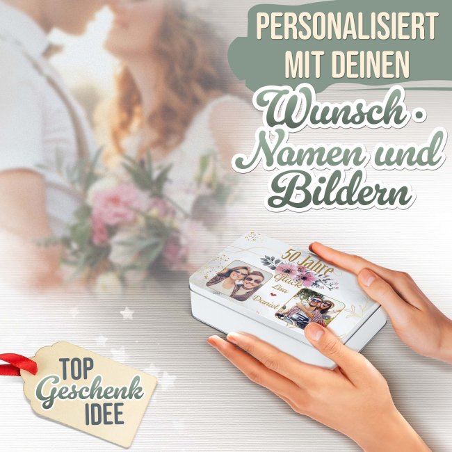 Geschenkdose zum 50. Hochzeitstag - Goldene Hochzeit - mit Fotos &amp; Namen - in drei Gr&ouml;&szlig;en