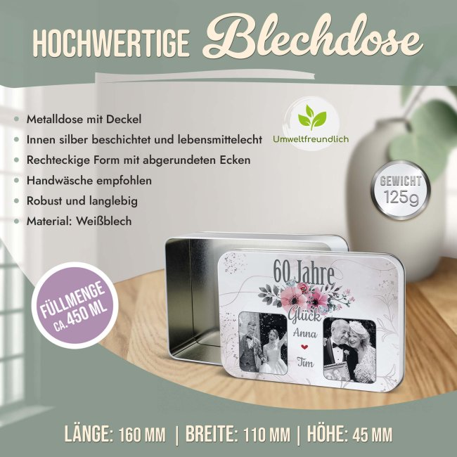 Geschenkdose zum 60. Hochzeitstag - Diamantene Hochzeit - mit Fotos &amp; Namen - in drei Gr&ouml;&szlig;en