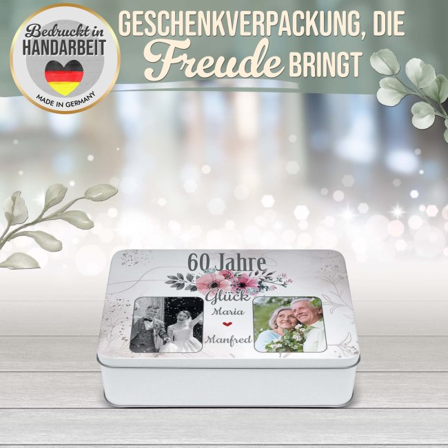 Geschenkdose zum 60. Hochzeitstag - Diamantene Hochzeit - mit Fotos &amp; Namen - in drei Gr&ouml;&szlig;en