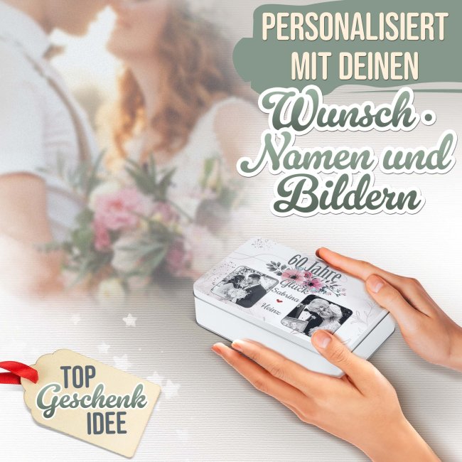 Geschenkdose zum 60. Hochzeitstag - Diamantene Hochzeit - mit Fotos &amp; Namen - in drei Gr&ouml;&szlig;en