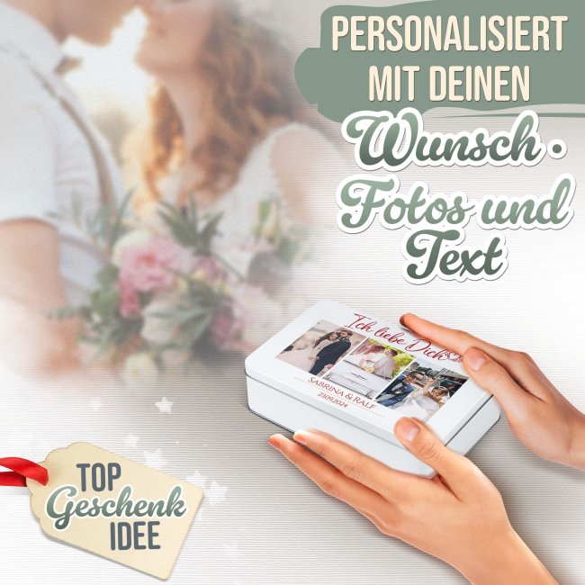Liebe-Geschenkdose - Ich liebe Dich - mit 3 Fotos, Namen &amp; Datum - in drei Gr&ouml;&szlig;en