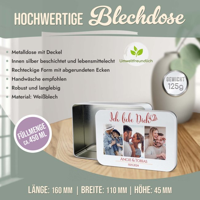 Liebe-Geschenkdose - Ich liebe Dich - mit 3 Fotos, Namen &amp; Datum - in drei Gr&ouml;&szlig;en
