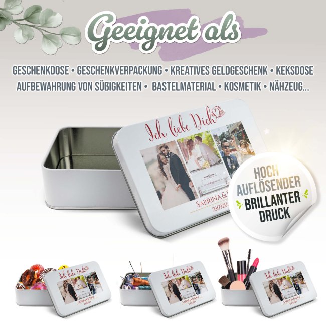 Liebe-Geschenkdose - Ich liebe Dich - mit 3 Fotos, Namen &amp; Datum - in drei Gr&ouml;&szlig;en
