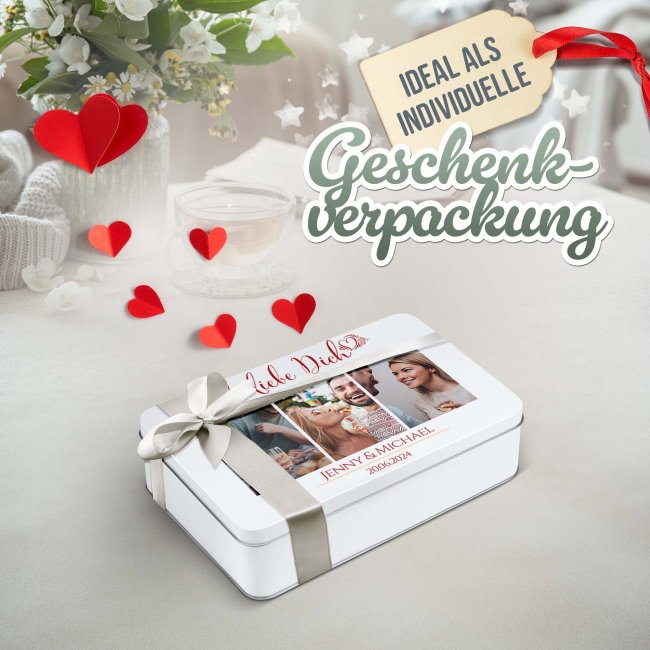 Liebe-Geschenkdose - Ich liebe Dich - mit 3 Fotos, Namen &amp; Datum - in drei Gr&ouml;&szlig;en