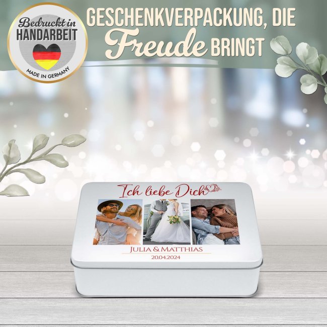 Liebe-Geschenkdose - Ich liebe Dich - mit 3 Fotos, Namen &amp; Datum - in drei Gr&ouml;&szlig;en