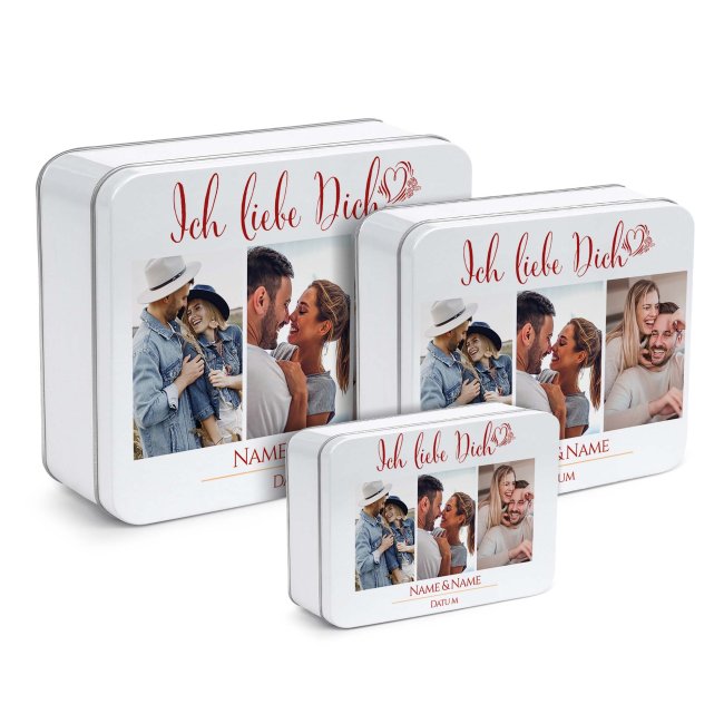 Liebe-Geschenkdose - Ich liebe Dich - mit 3 Fotos, Namen &amp; Datum - in drei Gr&ouml;&szlig;en