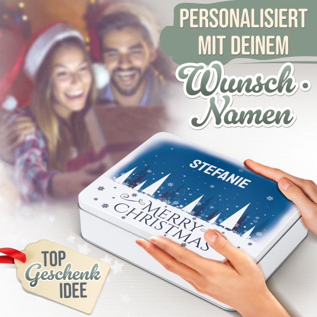 Geschenkdose mit Name - Merry Christmas - in Blau - in drei Gr&ouml;&szlig;en