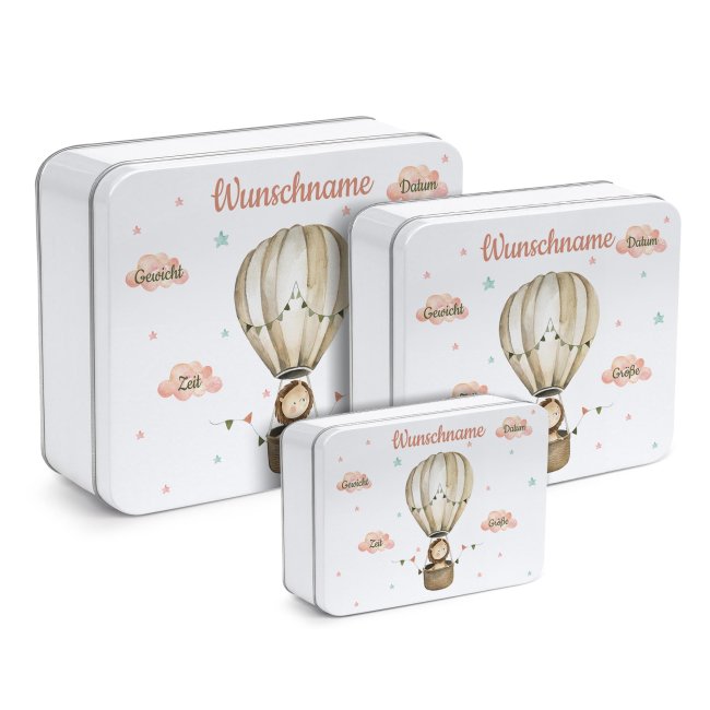 Geburt-Geschenkdose - Hei&szlig;luftballon L&ouml;we - mit Geburtsdaten L&ouml;we M&auml;dchen - in drei Gr&ouml;&szlig;en