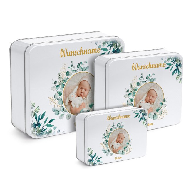 Geburt-Geschenkdose - Bl&auml;tter - mit Foto, Name &amp; Datum - in drei Gr&ouml;&szlig;en