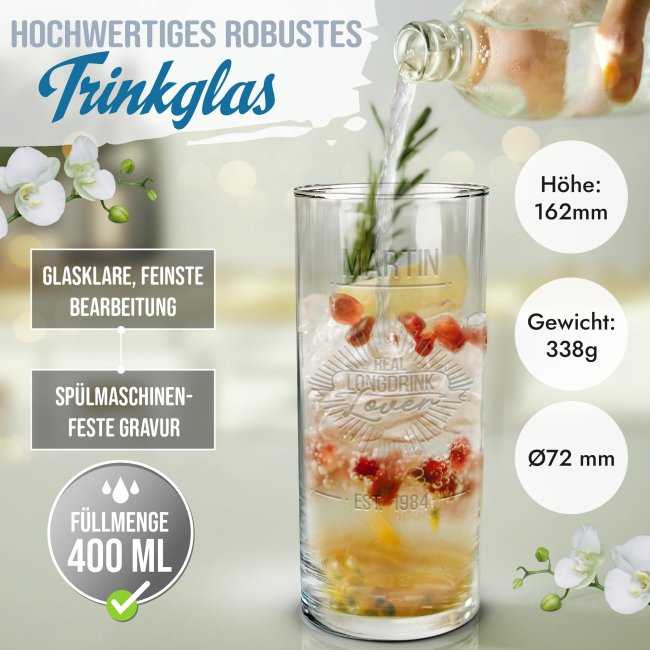 Graviertes Longdrinkglas - Real Longdrink Lover - mit Name und Jahr