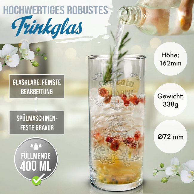 Graviertes Longdrinkglas - Captain Frau - mit Name