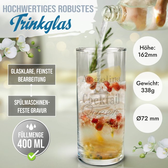 Graviertes Longdrinkglas - Cocktail Queen Krone - mit Name