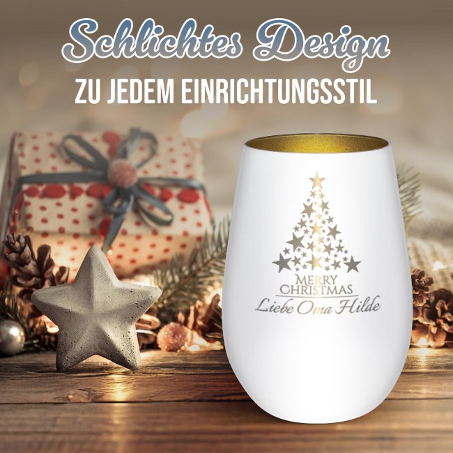 Weihnachts-Windlicht mit Gravur - Baum - mit Name - inkl. Teelicht - Wei&szlig;-Gold