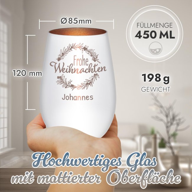 Weihnachts-Windlicht mit Gravur - Kranz - mit Name - inkl. Teelicht - Wei&szlig;-Bronze