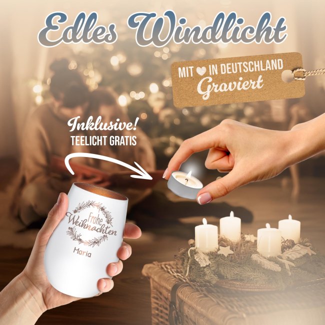 Weihnachts-Windlicht mit Gravur - Kranz - mit Name - inkl. Teelicht - Wei&szlig;-Bronze