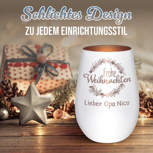 Weihnachts-Windlicht mit Gravur - Kranz - mit Name - inkl. Teelicht - Wei&szlig;-Bronze