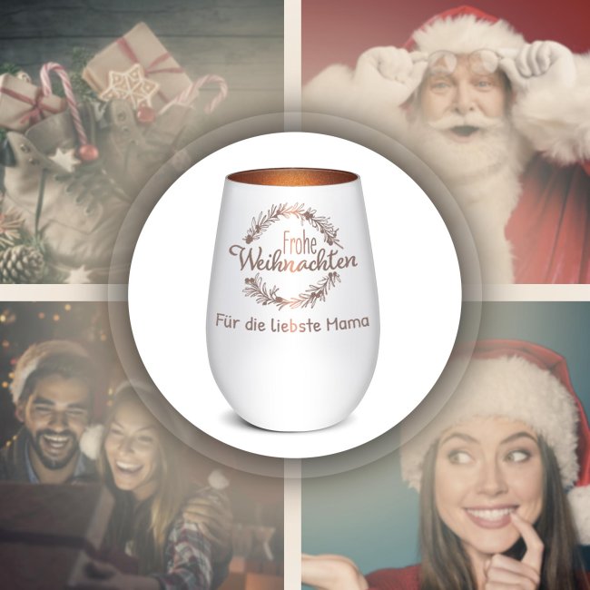 Weihnachts-Windlicht mit Gravur - Kranz - mit Name - inkl. Teelicht - Wei&szlig;-Bronze