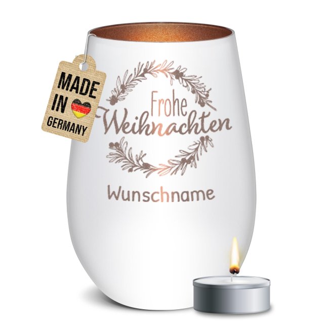 Weihnachts-Windlicht mit Gravur - Kranz - mit Name - inkl. Teelicht - Wei&szlig;-Bronze