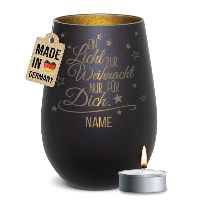 Weihnachts-Windlicht mit Gravur - Ein Licht - mit Name - inkl. Teelicht - Schwarz-Gold