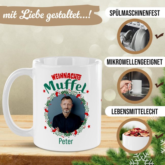 Weihnachtstasse - Weihnachtsmuffel - mit Name &amp; Foto - Innen &amp; Henkel Weiss