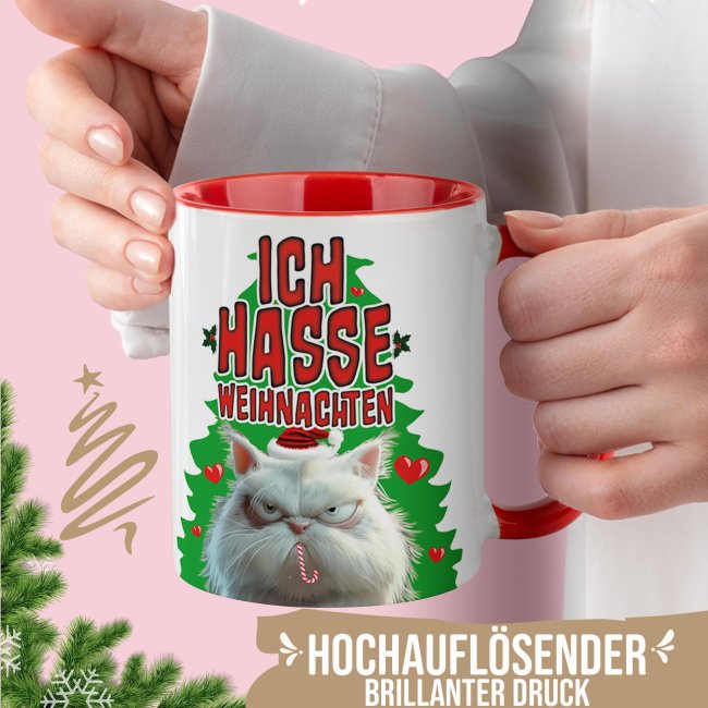 Weihnachtstasse - Ich hasse Weihnachten - Innen &amp; Henkel Rot