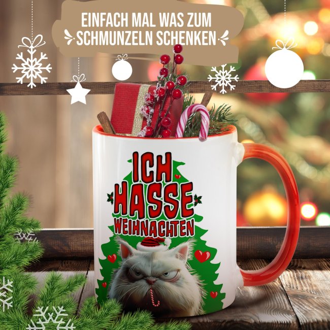 Weihnachtstasse - Ich hasse Weihnachten - Innen &amp; Henkel Rot